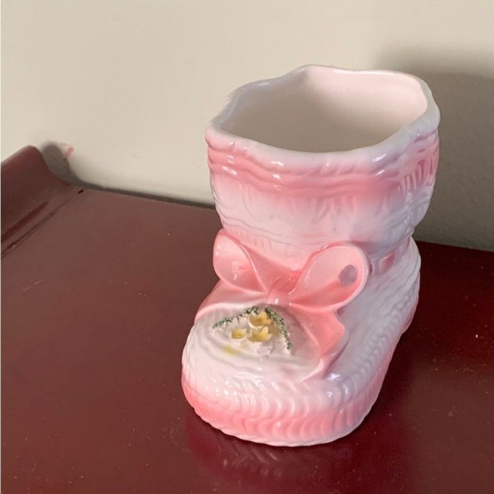 Vintage pink planter - pink baby booties -  - nursery planter - desk organizer‌